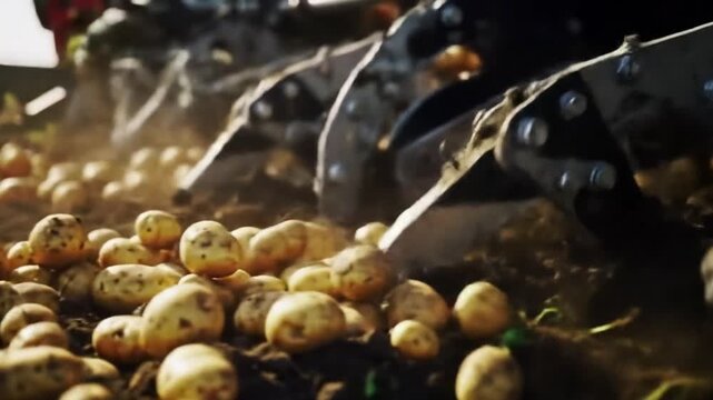 Automated Harvesting Process Of Organic Potatoes On Farmland In Rural Area