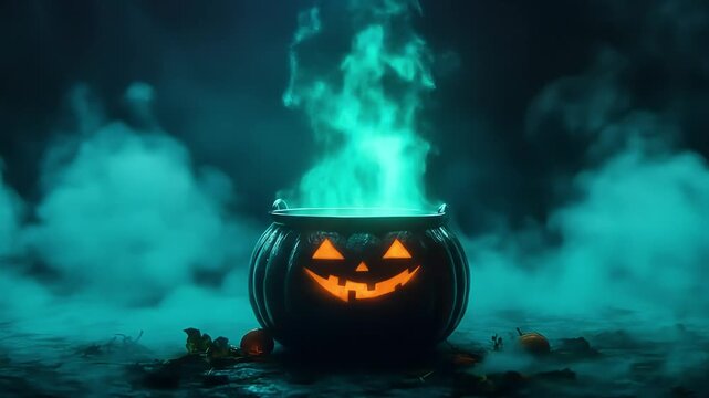 Halloween-themed cauldron with glowing green potion and smoky background