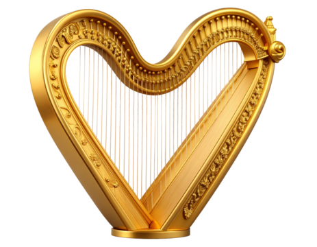 Ornate Golden Harp with Heart Frame – Elegant Transparent PNG