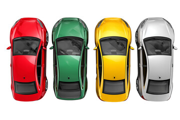 Set of Colorful Cars, Top-Down View, Isolated on Transparent Background.