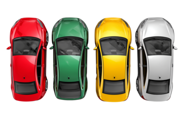 Set of Colorful Cars, Top-Down View, Isolated on Transparent Background.