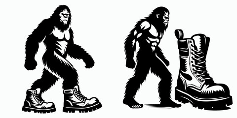 Bigfoot wearing work boots Labor Day. Sasquatch a Large Hairy Humanlike Creature Cartoon Animal Clipart Line Art Vector Illustration. in tough footwear job holiday celebration.