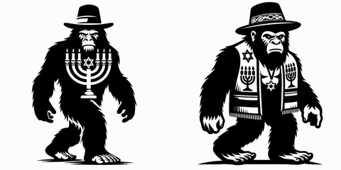 Bigfoot wearing yarmulke Hanukkah. Sasquatch a Large Hairy Humanlike Creature Cartoon Animal Clipart Line Art Vector Illustration. with head covering at jewish holiday festivity celebration.