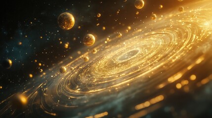 A glowing spiral galaxy with cosmic orbs amidst a starry backdrop of swirling colors and light, creating a stunning space scene.