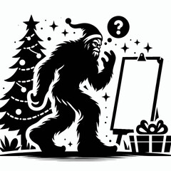 Bigfoot writing wish list Christmas. Sasquatch a Large Hairy Humanlike Creature Cartoon Animal Clipart Line Art Vector Illustration. authoring crave record holiday.