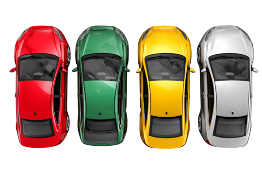 Set of Colorful Cars, Top-Down View, Isolated on Transparent Background.