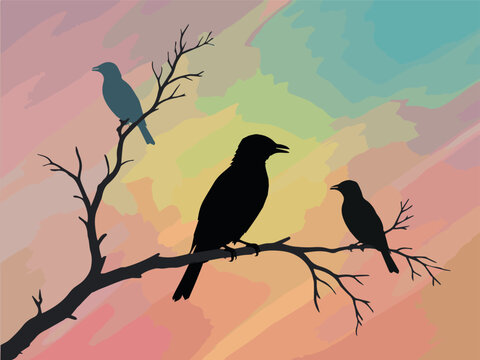 Clean and modern vector  birds silhouette on tree branch illustration digital art painting colorful sky nature wildlife animal drawing design