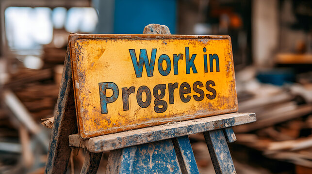 A rusty yellow 'Work in Progress' sign on a wooden easel.