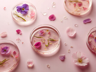 Floral petals in glass dishes on a soft pink background.