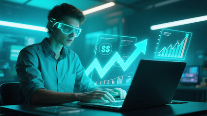 Man using laptop with augmented reality glasses and financial graphs in a futuristic office