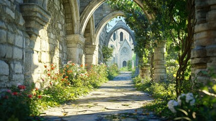 Obraz premium A serene path through a beautiful ancient garden filled with blooming flowers and majestic stone arches bathed in sunlight.