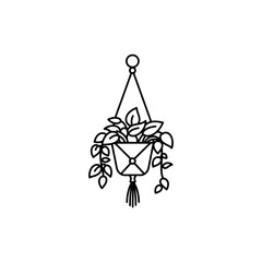 Outline icon of indoor plant in macrame hanger for home decor