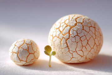 Cracked white pebble, round stone, and small green sprout on soft light background, symbolizing growth and renewal with peaceful, hopeful mood