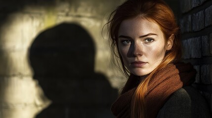 Fototapeta premium A woman with red hair stands against a wall. Soft light creates a shadow. Her expression shows calm and thoughtfulness.