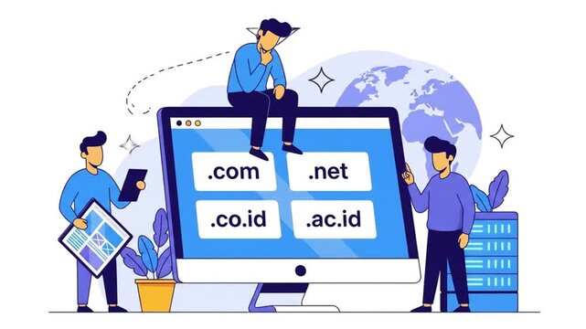 A team of men choosing a website domain name from options like .com and .net on a large computer screen.