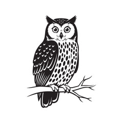 Black and White Owl Perched on a Branch Illustration