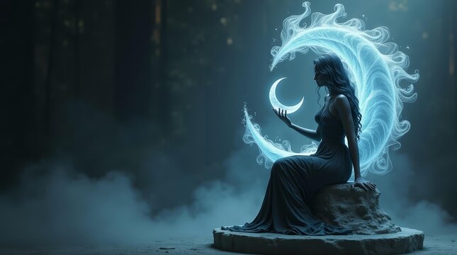 Dark feminine figure in mystical light with moon symbol, perfect for horizontal banner in fantasy and mythology themes