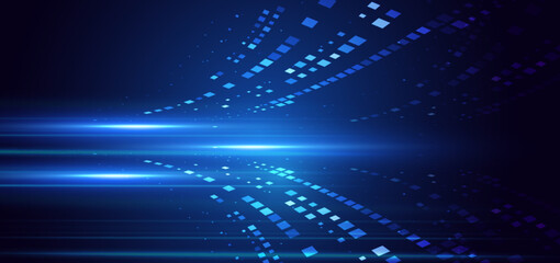 Abstract technology futuristic glowing blue beams horizontal and square element decor on dark blue background.