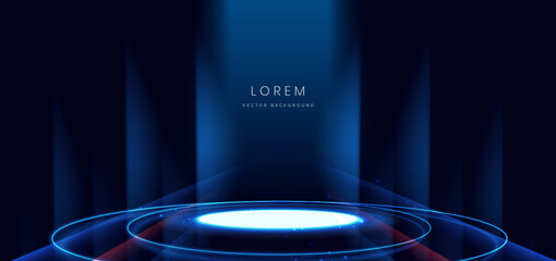 Scene glowing on dark blue background with glowing neon lights podium in futuristic.