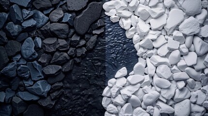 Black and white rocks, stones, and pebbles separated by a dark smooth surface