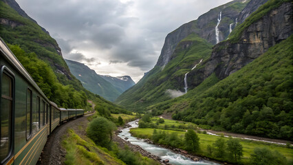 Beautiful train journey Flams Bana between Flam and Myrdal in Arlanda in Western Norway.