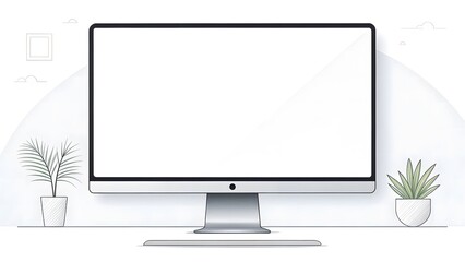 Modern all in one computer with blank screen and potted plants on a white desk