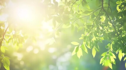 Sunlight filtering through lush green leaves in a serene forest setting
