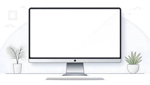 Modern all in one computer with blank screen and potted plants on a white desk