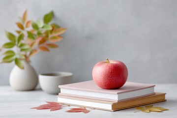 Fresh red apple on stacked books with a vase of leaves and a cup on a light background