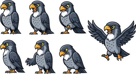 vector illustration of falcon hawk bird funny cute cartoon mascot character cartoon with 7 poses 