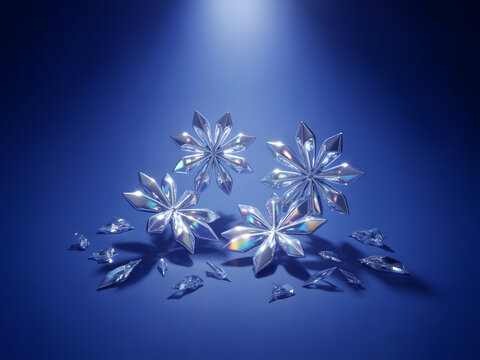 Iridescent Glass Snowflakes Scattered on Deep Blue Background Three Large Crystal Snowflakes Surrounded by Smaller Shattered Pieces Illuminated by Soft Light Elegant Winter Scene