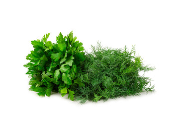 Dill and parsley isolated on white background. Mixed bunch of fresh parsley and dill. Fresh aromatic spicy greens. Spices and herbs.