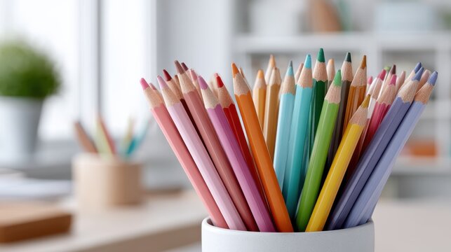 Colorful pencils arranged in a white cup on a desk in a bright workspace during the day