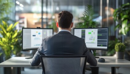 A man in a suit working on a computer, sitting at a desk with two monitors, with an office background of blurred green plants and white walls.