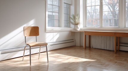 Natural light floods an empty room with a single chair and a desk in a minimalist setting