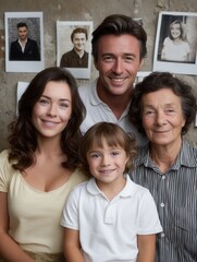 Multigenerational Family Portrait with Smiles in Indoor Setting Behind Photos Wall