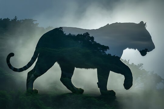 Tiger silhouette with forest landscape double exposure in a foggy mysterious atmosphere - Powered by Adobe