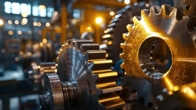 Close-Up View of Industrial Gears and Cogs in Machine Shop with Soft Focus Background Lighting
