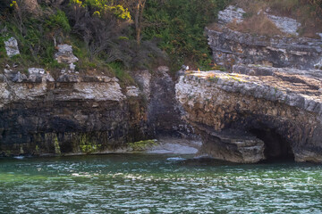 Scenic rocky coastline with calm sea and forest background at Sardala Bay Kocaeli - peaceful beach landscape on sunny day with dramatic rock formations