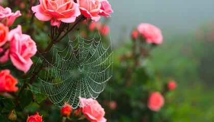 Detailed macro photo of white spider web with dewdrops between blooming pink roses in a misty morning garden
