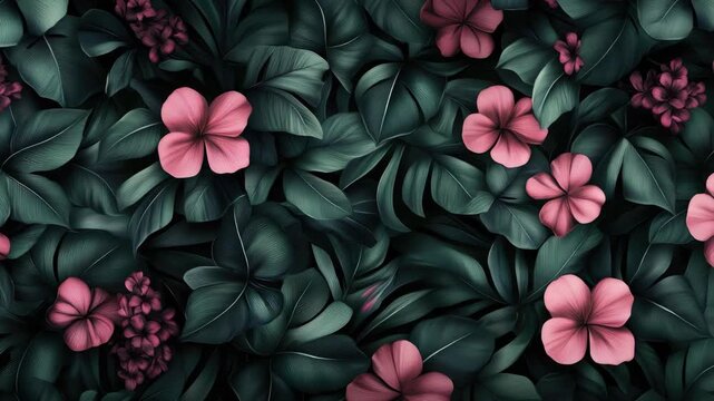 A pattern of pink flowers with green leaves, ideal for design backgrounds, textiles or wall art.