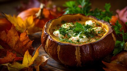 Seasonal Vegetable Soup in a Unique Pumpkin Presentation