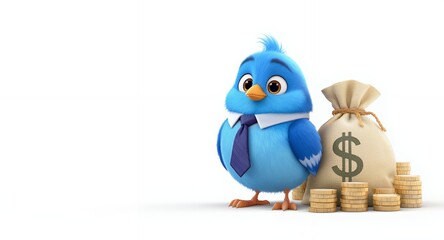 Cartoon bird in business attire with money bag and coins
