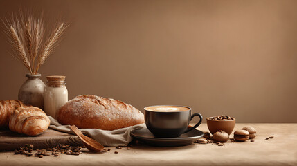 Baking Ingredients and Coffee: Rustic Morning Scene. A freshly brewed coffee, crusty bread, sweet treats, and raw ingredients are artfully displayed, morning routines, culinary craft.