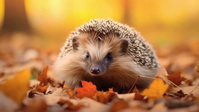 Adorable hedgehog amidst autumn foliage.