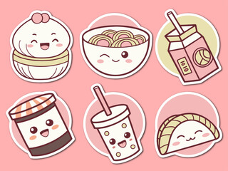 Cute Asian Food Stickers on a Pink Background with Happy Faces and Kawaii Style