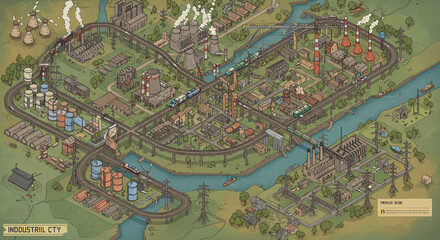 Fototapeta premium Isometric Industrial City Illustration: Factories Trains Roads and River.
