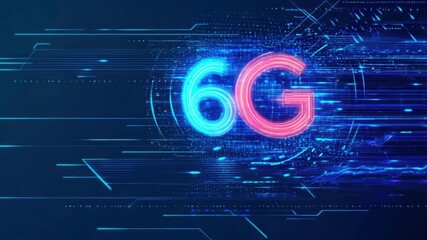 Futuristic Digital Concept of 6G Technology with Neon Glow and Abstract Lines on Dark Background - Powered by Adobe