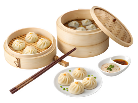 Delicious steamed soup dumplings served in bamboo steamers with dipping sauce
