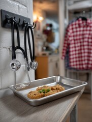 Freshly cooked breaded chicken patties with herbs on a stainless steel tray in rustic kitchen setting